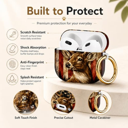 Compatible with AirPod 4 Case 2024, Cute Hard Plastic Protective Cover for Airpod 4th Generation Women, Shockproof Shell Skin with Gold Ring Keychain,American Flag Deer Forest - color: American Flag Deer Forest