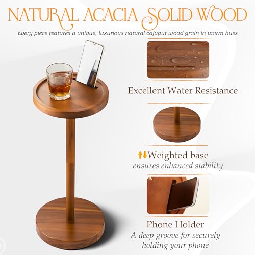 BLUEWEST 22 Inch Tall Drink Table with Phone Slot and Weighted Base, Acacia | Compact, Durable Pedestal Table for Living Rooms, Bedrooms or Offices, Designed for Cocktails, Martinis and Everyday Drinks. - color: Acacia