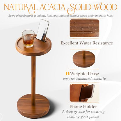 BLUEWEST 22 Inch Tall Drink Table with Phone Slot and Weighted Base, Acacia | Compact, Durable Pedestal Table for Living Rooms, Bedrooms or Offices, Designed for Cocktails, Martinis and Everyday Drinks. - color: Acacia