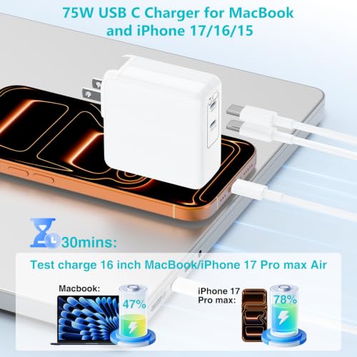 USB C MacBook Charger for MacBook Pro/MacBook Air 16 15 14 13 Inch 2025 2024 2023 2022 2021 2020 2019 M5 M4 M3 M2 M1,2Pack 75W USBC Laptop Power Adapter with 3+6+6+10ft USBC Cable for iPhone 17/16/15