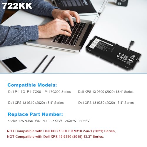 52Wh FP86V 722KK Laptop Battery Replace for Dell XPS 13 9300 (2020 Edition) XPS 13 9310 (2020 Edition) XPS 13 9380 (2020 Edition) P117G P117G002 P117G001 Series Notebook 02XXFW 2XXFW 0WN0N0 WN0N0 - size: 10.51*4.06*0.16inch 722KK