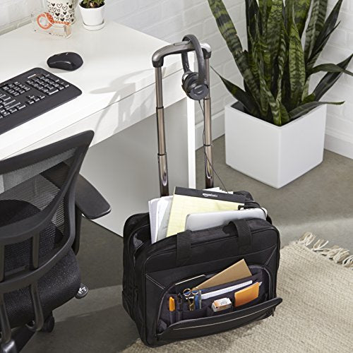 Amazon Basics 15.6" Rolling Laptop Bag for Travel and Business, Briefcase with Wheels, Adjustable Locking Handle, Black