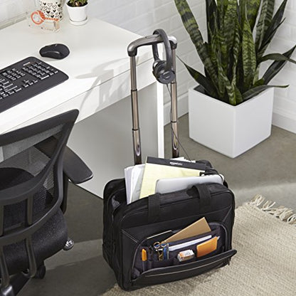 Amazon Basics 15.6" Rolling Laptop Bag for Travel and Business, Briefcase with Wheels, Adjustable Locking Handle, Black