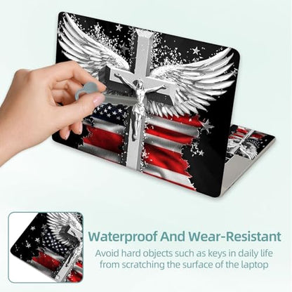 Universal Laptop Skin Decal, 3-Piece Vinyl Protector for 12 13 14 15.6" Notebook, Waterproof Anti-Scratch, Easy Trim & Bubble-Free Finish, Cross with Wings and an American Flag - color: Cross with Wings and an American Flag