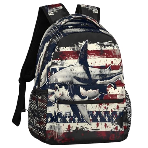 Funny Shark Backpack for Women Men Shoulder Computer Laptop Adults Backpack American Flag Sports Hiking Gym Workout Travel Casual Daypack - color: Multicolor 20