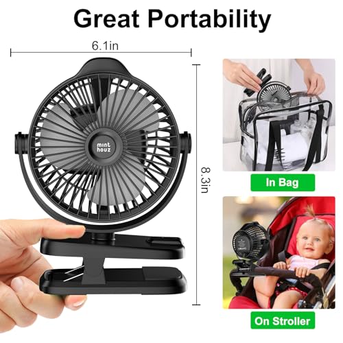 Minthouz 8000mAh Rechargeable Small Clip Fan with Battery Level Indicator | Battery Powered Fan with Remote, 720° Rotation Low Noise USB C Desk Fan for Outdoor Home/Office/Camping/Travel - color: Black