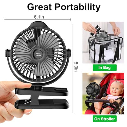 Minthouz 8000mAh Rechargeable Small Clip Fan with Battery Level Indicator | Battery Powered Fan with Remote, 720° Rotation Low Noise USB C Desk Fan for Outdoor Home/Office/Camping/Travel - color: Black