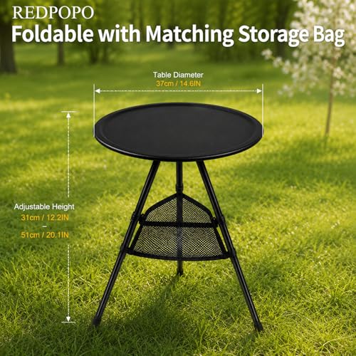 Portable Round Folding Camping Table, Adjustable Height Collapsible Triangular Side Table, Lightweight Mini Beach Table with Carry Bag for Picnic, Beach, Hiking, Backyard