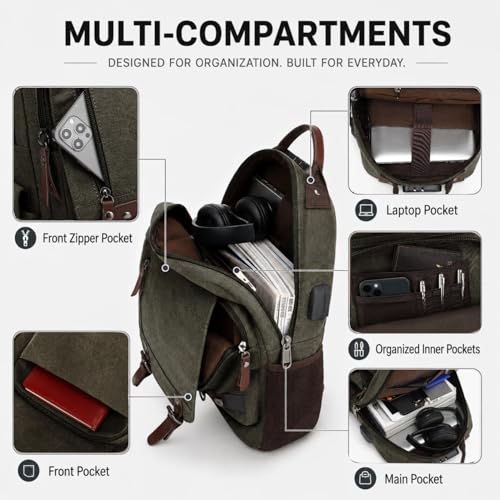 Sling Bag Large Capacity: Crossbody Bag for Men Fits 15.6 Inch Laptop A4 Files with Anti Theft USB Port - color: Army Green-xl