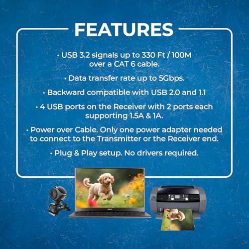 OREI USB Extender Over Ethernet 330ft USB 3.2 Gen1 5Gbps 4-Port USB Hub | USB Extender Over CAT5e, USB Extender Over CAT6 – 4 USB Ports, 1.5A Fast Charging, Plug & Play, No Drivers - size: USB-B Host
