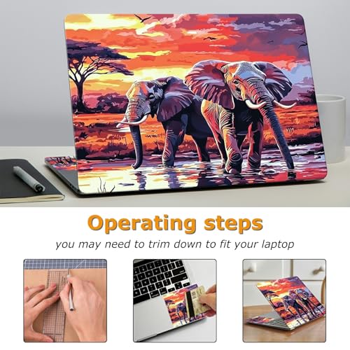 Universal Laptop Skin Sticker with 2 Wrist Pad Decals, 3-Piece Removable Vinyl Laptop Cover, Elephants Sunset Waterproof Anti-Scratch, Easy-Trim Fit for 13.3" 14" 15.6" Laptops - color: Elephants Sunset