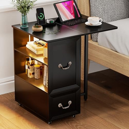 Lareth Rolling Side Table with Wheels, Led Lights & Charging Station | Foldable Desktop Narrow End Table, 1 Drawer, 2 Bookshleves, 27.56"H Tall Nightstand for Small Space, Living Room, Black - color: B Black