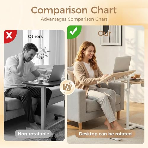 YUHFERA Rolling Table for Laptop Stand, Height and Angle Adjustable Over Bed Table with Wheels, Tilt-Top Laptop Desk for Couch with Cup Holder, Bed Table Tray for Eating (Oak) - color: Fair