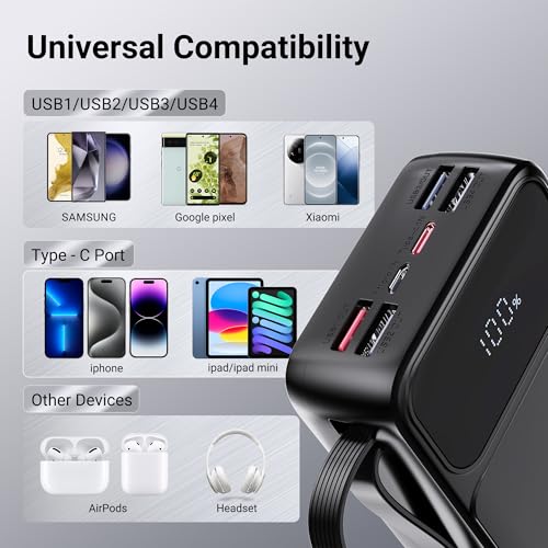 Portable Charger Power Bank 50000mAh- 7 Outputs & 3 Inputs USB-C PD 22.5W Fast Charging Powerbank Battery Pack with Built-in Cables and Ports LED Display for iPhone 16 15 14 13 Samsung Android iPad - size: 50000mAh