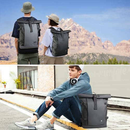 Rolltop Backpack for Men Women, Expandable Travel Laptop Backpack | 15.6 Inch Casual Daypack with Computer Compartment,19-28L Water-Resistant Business Backpack Bag for Commute Work College-Grey - color: Grey
