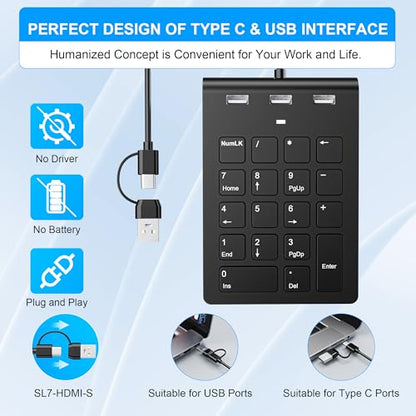 18 Key Wired Numeric Keypad with 3 Port USB 2.0 Hub, USB C & USB A Slim Portable Numpad for Laptop, Desktop, PC, MacBook, Efficiency Financial Accounting Num Pad USB c Support Plug and Play