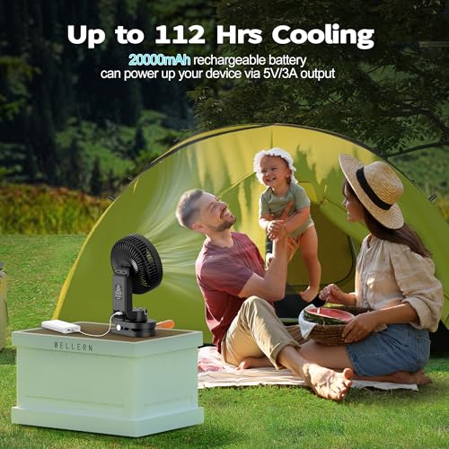 AMACOOL Battery Operated Camping Fan with Light, 20000mAh Rechargeable Clip on Fan with Hook & Digital Display, 112Hrs Running, 9 Speed, 360° Rotation Portable Small Fans for Tent Camping RV Travel - color: Black