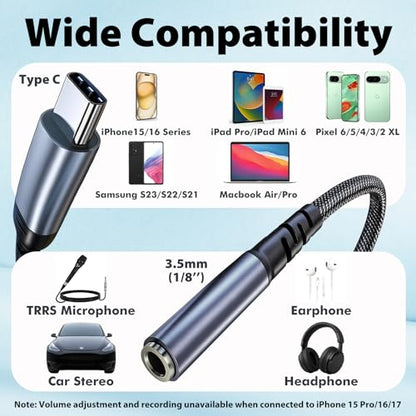USB C to 3.5mm Audio Adapter, Aux to USB C Headphone Jack Dongle w/Hi-Fi DAC Chip, in-Line Control & Mic Support Compatible with iPhone 16/15, Samsung Galaxy S25/S24 Pixel iPad MacBook PS5