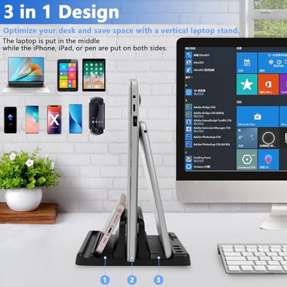 Vertical Laptop Stand Holder, ABS Organizer with Adjustable Dock, 3/4 in 1 Design Extra Storage Space-Saving, Sturdy Laptop Computer Holder for PC, MacBook, Mini PC, iPad (Black, 1 Slot) - color: Black