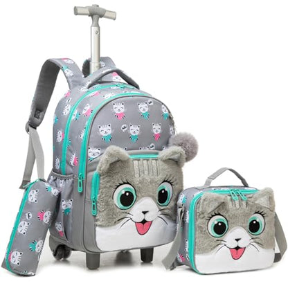 Kids Fluffy Cat Rolling Backpack for Girls, Bookbag Wheeled Gray | Trolley Suitcases Luggage, Travel with Wheels, 3PCS Roller Backpacks Set, Toddler School Bags, Elementary Back Pack - color: Gray-0121-maomi