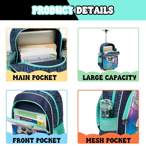 Meetbelify Kids Backpacks with Wheels for Boys Football Rolling Backpack with Lunch Box for Elementary Students Trip Luggage for Boys Ages 6-8 - color: 01 Game Level