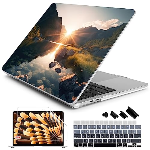 Batianda Case for MacBook Air 15" with M5 M4 M3 M2 Chip, Golden Valley | 4-in-1 set with golden lake mountain design, lightweight slim hard shell protection for travelers, hikers and nature lovers - color: Mountain sunrise