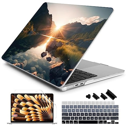 Batianda Case for MacBook Air 15" with M5 M4 M3 M2 Chip, Golden Valley | 4-in-1 set with golden lake mountain design, lightweight slim hard shell protection for travelers, hikers and nature lovers - color: Mountain sunrise