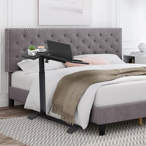 Adjustable Overbed Bedside Table with Hidden Wheels, Pneumatic Tilt Board Rolling Laptop Standing Desk Cart, Mobile Over Bed Sofa Chair Side End Tables, Walnut (Black) - color: Black