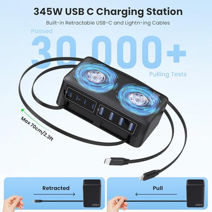 345W USB C Charger 10 in 1 Retractable Wall Charger with 2 Cables,GaN 6 USB C Charging Station Phone Charging PD Laptop Charger Adapter for MacBook Pro/Air,DELL,iPhone17/16/15,Galaxy S24,Android etc - color: Black, size: 345W
