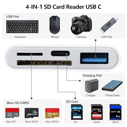 SD Card Reader for iPhone 15-17, 4-in-1 USB C SD Card Reader iPhone with SD/TF/USB-A 3 Slots & Charging Port, Digital Trail Camera Card Viewer for MacBook Laptop Android Phone, Plug and Play - size: 4-IN-1 SD Card Reader