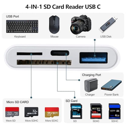 SD Card Reader for iPhone 15-17, 4-in-1 USB C SD Card Reader iPhone with SD/TF/USB-A 3 Slots & Charging Port, Digital Trail Camera Card Viewer for MacBook Laptop Android Phone, Plug and Play - size: 4-IN-1 SD Card Reader