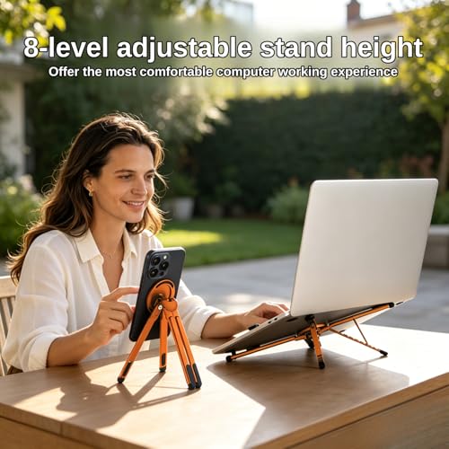 4-in-1 Foldable Laptop Stand with N52 MagSafe Magnetic Phone Holder, Silver Aerospace Aluminum Portable Desk Tripod Mount, Compatible with MacBook Pro iPad for Travel Vlogging - color: Orange