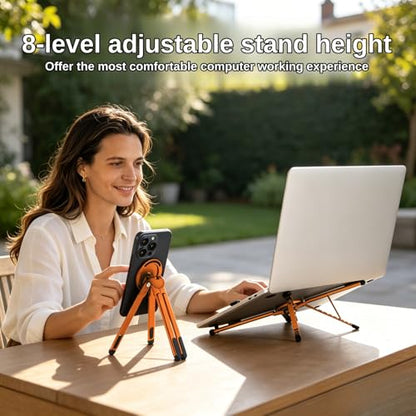 4-in-1 Foldable Laptop Stand with N52 MagSafe Magnetic Phone Holder, Silver Aerospace Aluminum Portable Desk Tripod Mount, Compatible with MacBook Pro iPad for Travel Vlogging - color: Orange