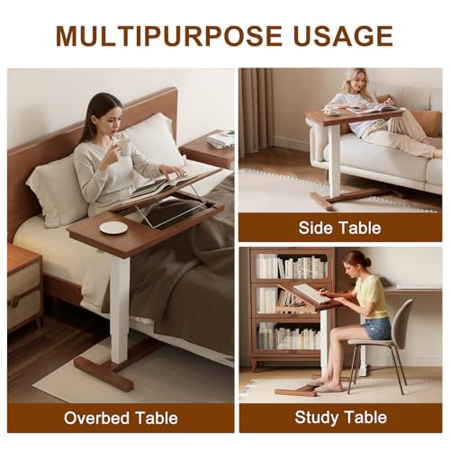 Muwuele Solid Wood Overbed Bedside Table with Wheels, Adjustable Medical Tilt Top Hospital Bed Table Over The Bed, Rolling Laptop Desk, Mobile Standing Desk for Hospital and Home Use (Walnut) - color: Walnut