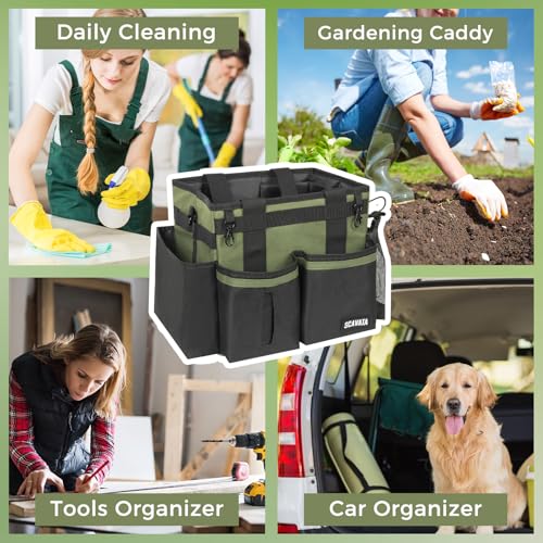 SCAVATA Compact Wearable Cleaning Caddy with Handle & Shoulder Straps | Small Cleaning Supplies Organizer, Under Sink & Car Cleaning Tools Storage Bag for Housekeepers Cleaners, Armygreen - color: Armygreen