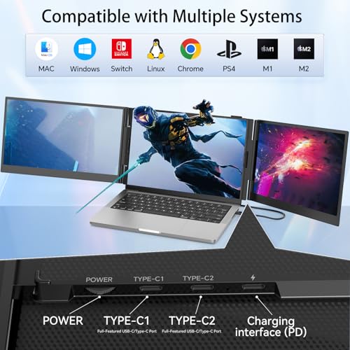 14.2" Triple Laptop Screen Extender, Ultra-Thin FHD 1080P IPS Portable Monitor for Laptop, Aluminum Alloy Tri-Screen Travel Monitor, Plug & Play for Windows/Mac/Chrome, Fits 13"-17.3" Laptops - size: 14.2" Triple