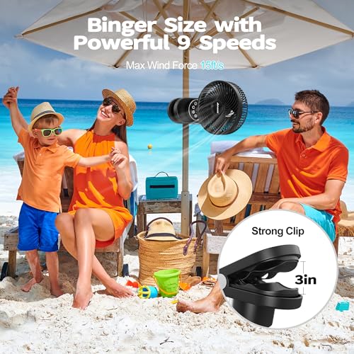 AMACOOL Battery Operated Camping Fan with Light, 20000mAh Rechargeable Clip on Fan with Hook & Digital Display, 112Hrs Running, 9 Speed, 360° Rotation Portable Small Fans for Tent Camping RV Travel - color: Black