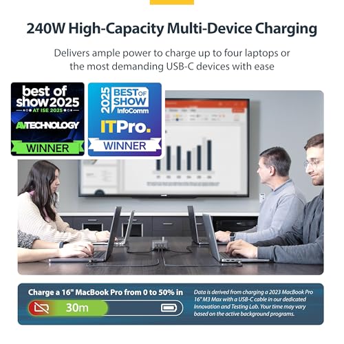 StarTech 4-Port 240W GaN USB-C Charging Station, iPhone 16/15/Pro, iPad Pro | 240W GaN Charger Block for MacBook Pro/Air, Dell XPS, Pixel and more, 424DNA-USB-C-CHARGER