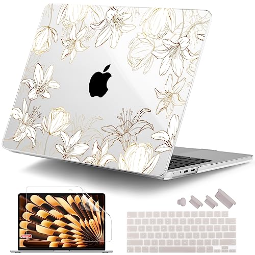 DONGKE for MacBook Air 13 Inch Case M5 2026 M4 2025 M3 M2 2024-2022 A3449 A3240 A3113 A2681, Plastic Hard Shell & Keyboard Cover & Screen Film for MacBook Air 13.6 Inch Case - Golden Floral - color: Golden Floral X482