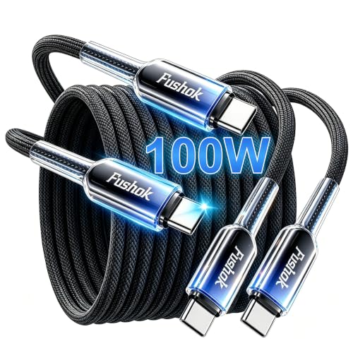Fushok 100W Fast Charging USB C to USB C Cable, Nylon Braided, 10FT(2Pack) | Type C Charger Cable, Data Transfer, for iPhone 17 16 15, MacBook Pro/Air, iPad Pro, Galaxy S23+, Pixel - size: 10FT*2