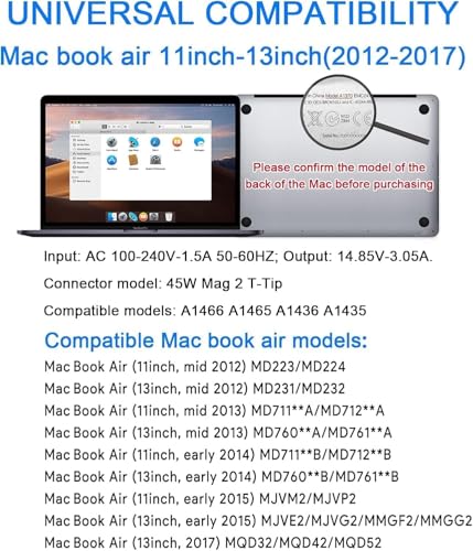 Mac Book Air Charger,Replacement for 45W T-Tip Power Adapter,Compatible with Mac Book Air 11 inch & 13 inch Between 2012-2017(NOT for 2018-2026
