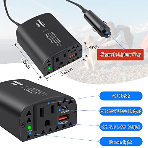 150W Car Power Inverter DC 12V to 110V AC Car Adapter for Plug Outlet with PD 25W &QC3.0 USB Ports Car Charger Adapter