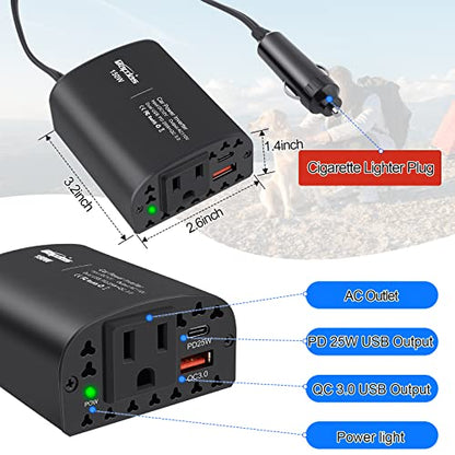 150W Car Power Inverter DC 12V to 110V AC Car Adapter for Plug Outlet with PD 25W &QC3.0 USB Ports Car Charger Adapter