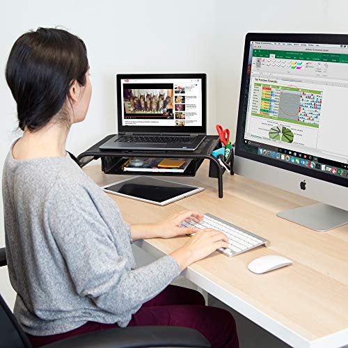 Mount-It! Metal Mesh Monitor Stand with Drawer, Ergonomic Desk Organizer and Riser for Monitors and Laptops, Desktop Stand with Extra Storage and Side Pocket, Black