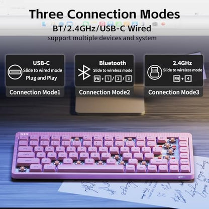 NuPhy Node75 Wireless Mechanical Keyboard, 75% Hot Swappable Custom Low Profile Keyboard, 84 Keys Computer Gaming Keyboards, Supports Touch Gestures, PBT Keycaps, RGB Backlit, Bluetooth/2.4GHz/USB-C - color: Pink, size: Low-Profile Brown Nano Switch