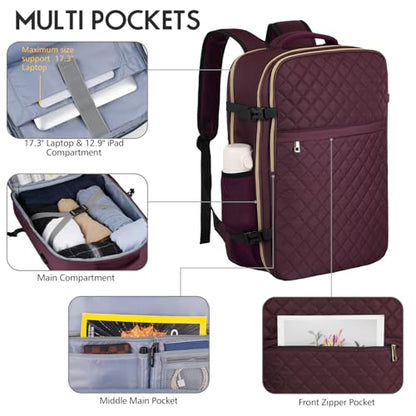 Large Travel Backpack Women, Flight Approved Carry On Backpack, Water Resistant Anti-Theft Large Casual Daypack Fit 17 Inch Laptop with USB Charging Port - color: Dark Purple, size: 17.3 inch