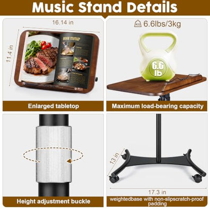 2 in 1 Dual-use Music Stand & Desktop Book Stand, Adjustable Height 16.5"-51", 100% Solid Wood Laptop Floor Stand Book Holder with Elastic Page Clips for Cookbooks (Black Walnut-Wheeled) - color: Black Walnut-wheeled