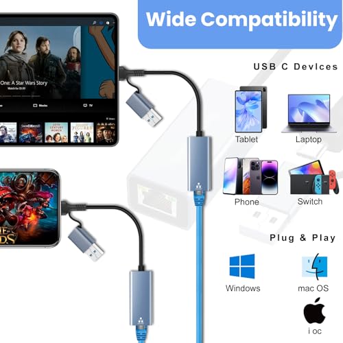 USB C to Ethernet Adapter, USB 3.0 to RJ45 Gigabit LAN 1000 Mbps Wired Network, USB to Ethernet Adapter for Laptops/Tablet, Compatible with Windows XP, MAC OS, Linux, Vista 7 8 10 11 | USB 3.0 to Ethernet Adapter for Laptops/Tablet,Compatible with Windows