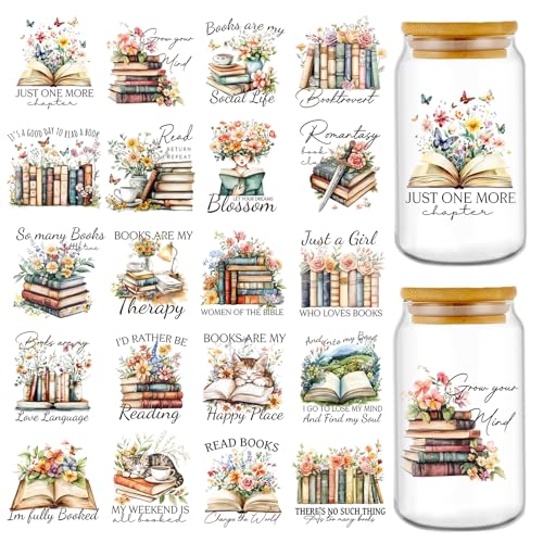 Rngmsi 20 Sheets Reading Books UV DTF Cup Wrap Cold UV DTF Transfer Sticker | Floral Waterproof Bookish UVDTF Decals, for 16 oz Glass Cups Mugs Water Bottles, DIY Crafts Book Lover - style: Reading Books