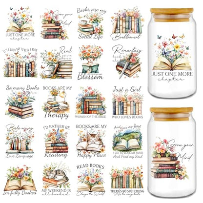 Rngmsi 20 Sheets Reading Books UV DTF Cup Wrap Cold UV DTF Transfer Sticker | Floral Waterproof Bookish UVDTF Decals, for 16 oz Glass Cups Mugs Water Bottles, DIY Crafts Book Lover - style: Reading Books